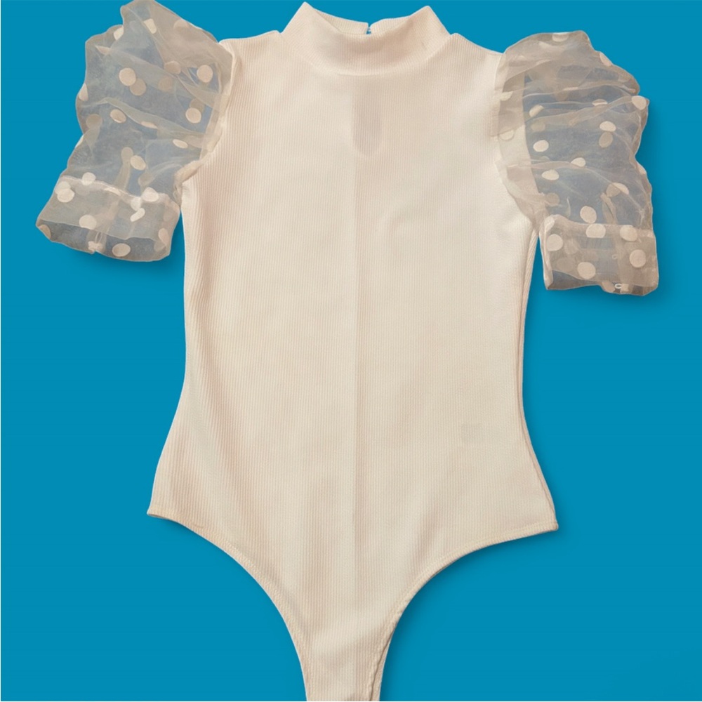 TCEC White Bodysuit with Sheer Polka Dot Sleeves - Picture 2 of 6